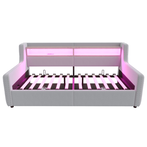 Sofá-cama 90x200 cm - Com armazenamento hidráulico, LED, tomada e USB - Cinza claro
