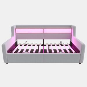 Sofá-cama 90x200 cm - Com armazenamento hidráulico, LED, tomada e USB - Cinza claro