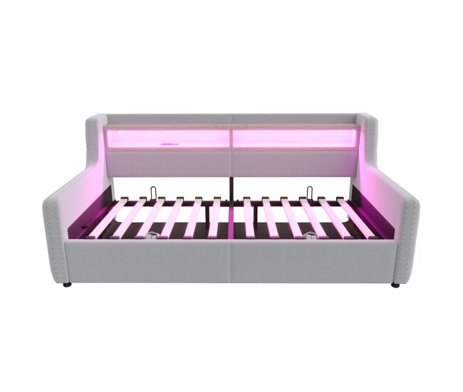 Sofá cama 90x200 cm - con almacenamiento hidráulico, led, enchufe y usb - gris claro