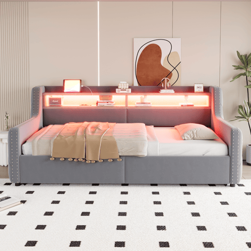 Sofá-cama 90x200 cm - Com armazenamento hidráulico, LED, tomada e USB - Cinza claro