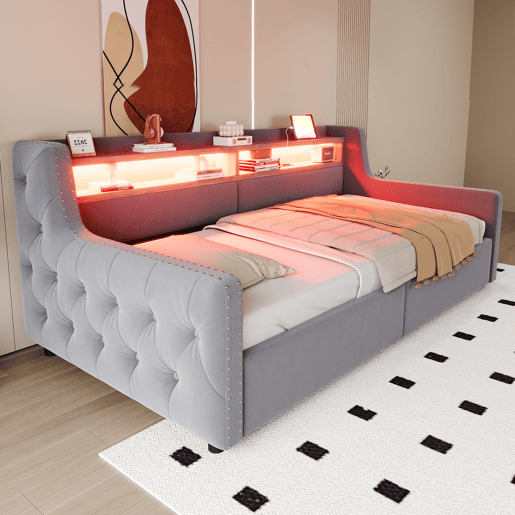 Sofá-cama 90x200 cm - Com armazenamento hidráulico, LED, tomada e USB - Cinza claro