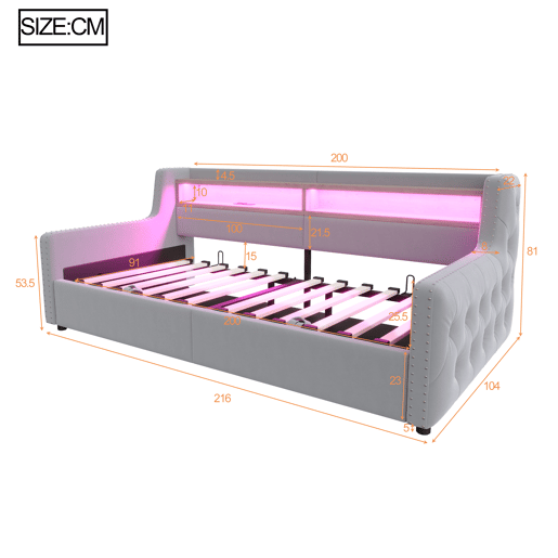 Sofá-cama 90x200 cm - Com armazenamento hidráulico, LED, tomada e USB - Cinza claro