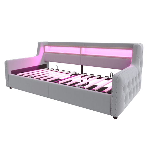 Sofá-cama 90x200 cm - Com armazenamento hidráulico, LED, tomada e USB - Cinza claro