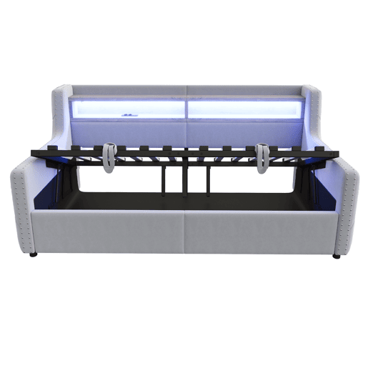Sofá-cama 90x200 cm - Com armazenamento hidráulico, LED, tomada e USB - Cinza claro