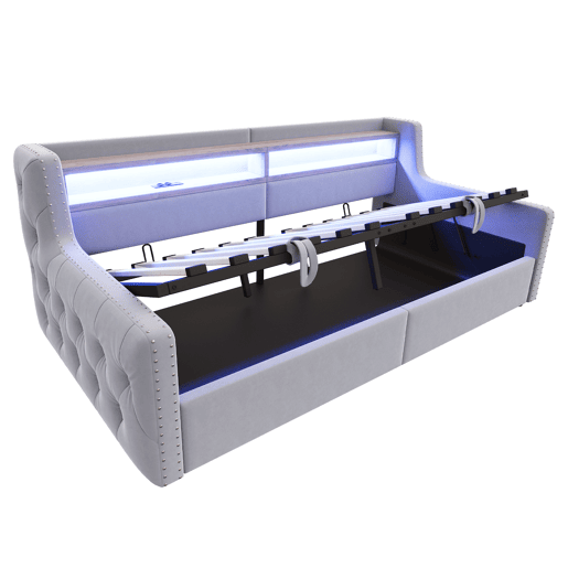 Sofá-cama 90x200 cm - Com armazenamento hidráulico, LED, tomada e USB - Cinza claro