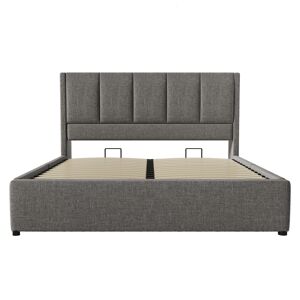 Cama estofada 140x200 cm - Com arrumação, suporte para bebidas e estação de carregamento - Cinza