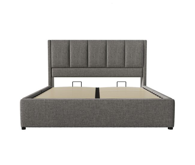 Cama tapizada 140x200 cm - con almacenamiento, soporte para bebida y estación de carga - gris