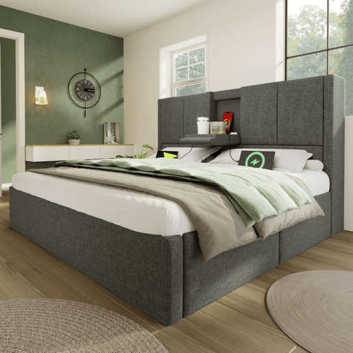Cama estofada 140x200 cm - Com arrumação, suporte para bebidas e estação de carregamento - Cinza