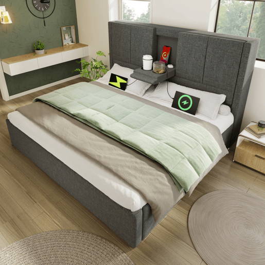 Cama estofada 140x200 cm - Com arrumação, suporte para bebidas e estação de carregamento - Cinza