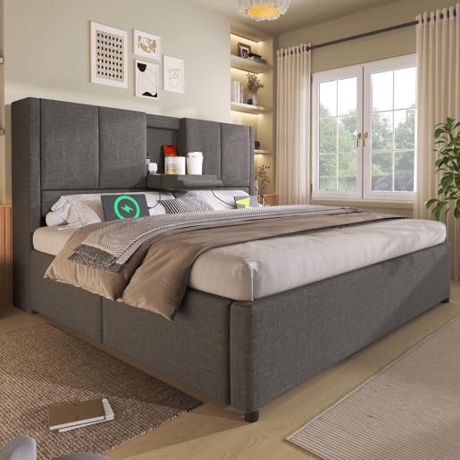 Cama estofada 140x200 cm - Com arrumação, suporte para bebidas e estação de carregamento - Cinza