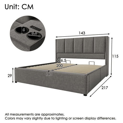Cama estofada 140x200 cm - Com arrumação, suporte para bebidas e estação de carregamento - Cinza