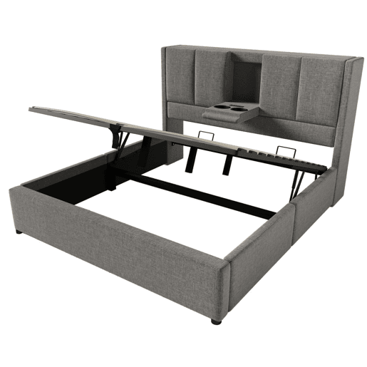 Cama estofada 140x200 cm - Com arrumação, suporte para bebidas e estação de carregamento - Cinza