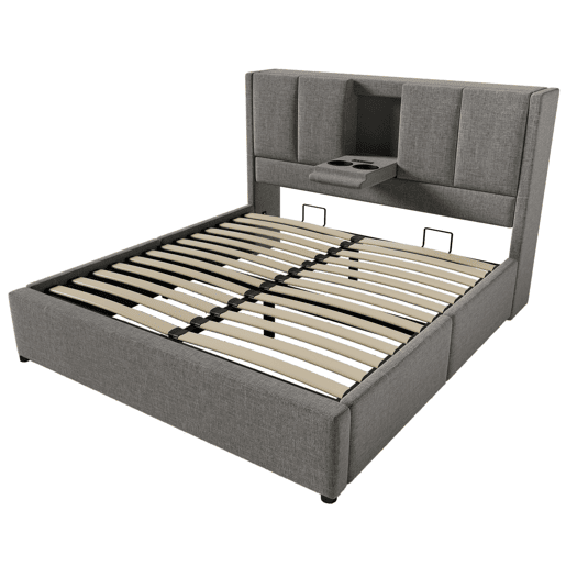 Cama estofada 140x200 cm - Com arrumação, suporte para bebidas e estação de carregamento - Cinza