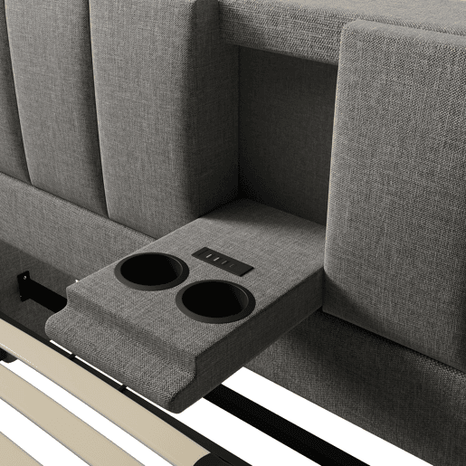 Cama estofada 140x200 cm - Com arrumação, suporte para bebidas e estação de carregamento - Cinza
