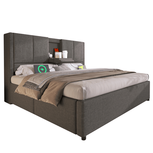 Cama estofada 140x200 cm - Com arrumação, suporte para bebidas e estação de carregamento - Cinza
