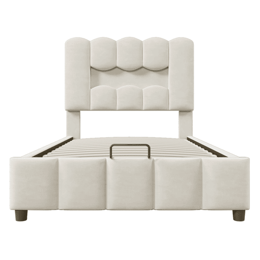 Cama estofada 90x200 cm - Sem colchão, iluminação LED, cabeceira ajustável, bege