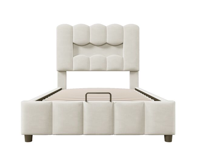 Cama tapizada 90x200 cm - sin colchón, iluminación led, cabecero ajustable, beige