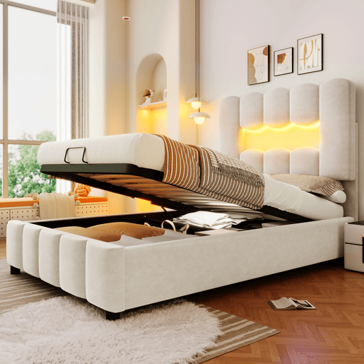 Cama estofada 90x200 cm - Sem colchão, iluminação LED, cabeceira ajustável, bege