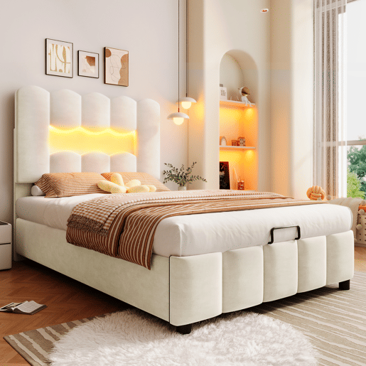 Cama estofada 90x200 cm - Sem colchão, iluminação LED, cabeceira ajustável, bege