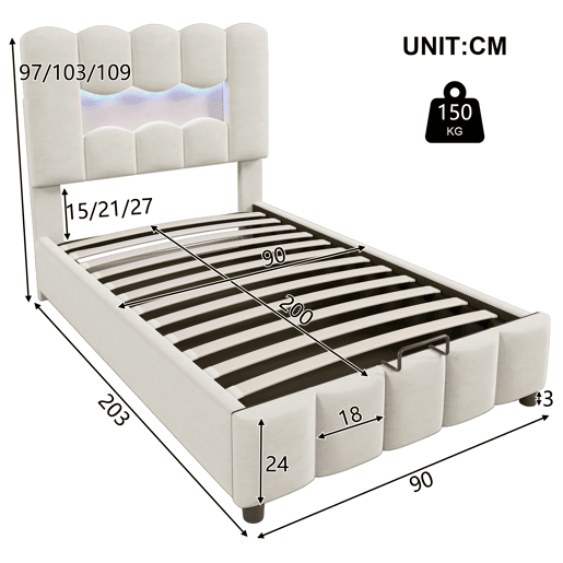 Cama estofada 90x200 cm - Sem colchão, iluminação LED, cabeceira ajustável, bege