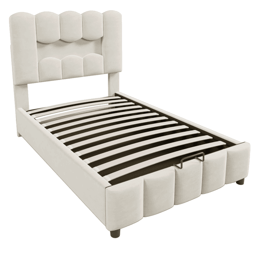 Cama estofada 90x200 cm - Sem colchão, iluminação LED, cabeceira ajustável, bege