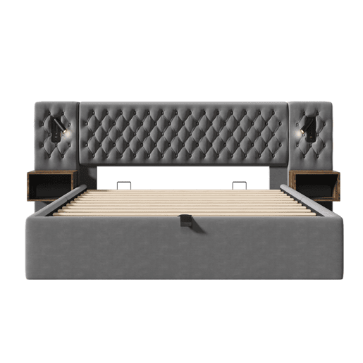 Cama Polsterbett 180x200 - Cama com arrumação hidráulica, luz de leitura, USB - Cinza