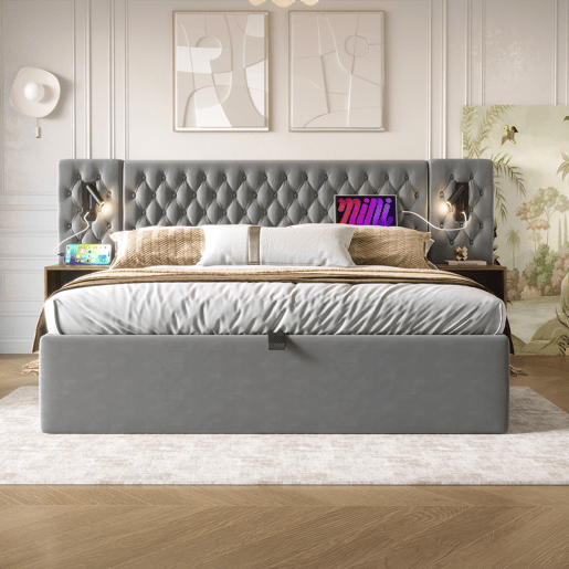 Cama Polsterbett 180x200 - Cama com arrumação hidráulica, luz de leitura, USB - Cinza