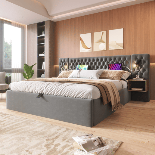 Cama Polsterbett 180x200 - Cama com arrumação hidráulica, luz de leitura, USB - Cinza