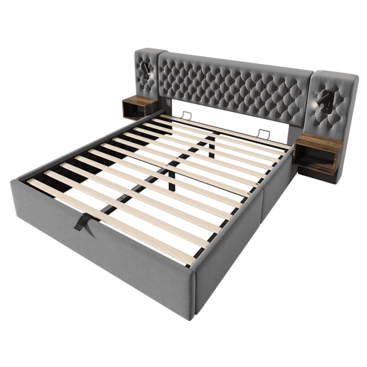Cama Polsterbett 180x200 - Cama com arrumação hidráulica, luz de leitura, USB - Cinza