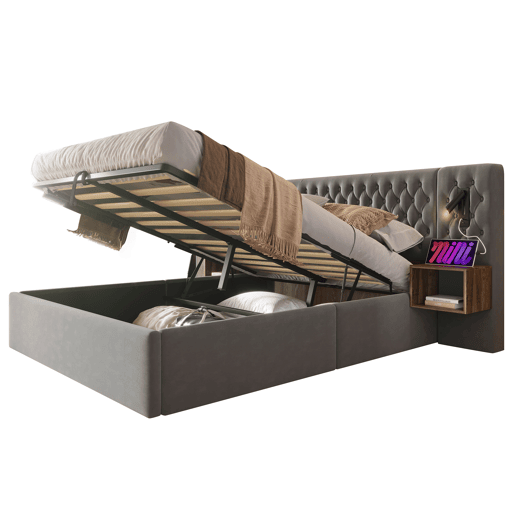 Cama Polsterbett 180x200 - Cama com arrumação hidráulica, luz de leitura, USB - Cinza
