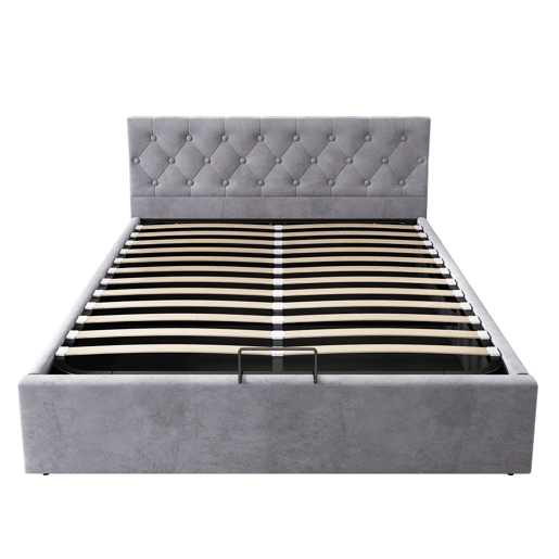 Cama estofada 140x200 cm - Cabeceira capitoné, cama de casal, cama hidráulica com arrumação, estrado - Cinza
