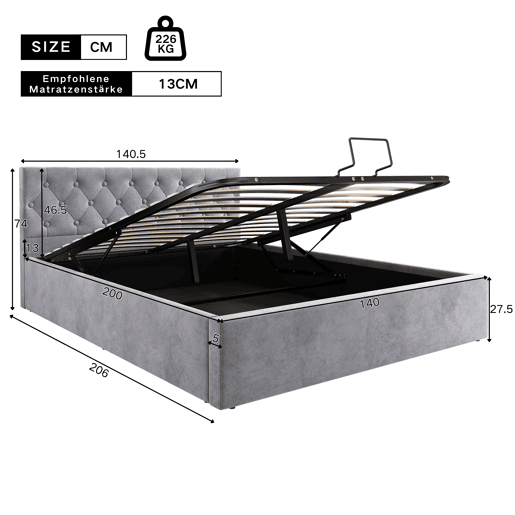 Cama estofada 140x200 cm - Cabeceira capitoné, cama de casal, cama hidráulica com arrumação, estrado - Cinza