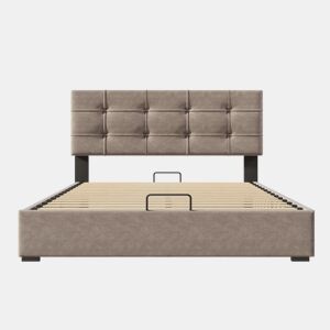 Cama estofada 140x200 cm - Cabeceira ajustável, cama com estrado de ripas e estrutura metálica, veludo, estrutura moderna com arrumação - Cinza claro