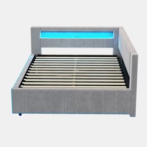 Sofá-cama 140x200 - Com armazenamento hidráulico, luz LED, porta USB, encosto, cabeceira, estrutura estável - Cinza claro