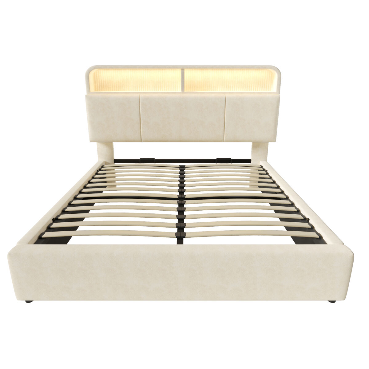 Cama tapizada 140x200 cm - cabecero con almacenamiento ajustable, led, usb, hidráulica - beige