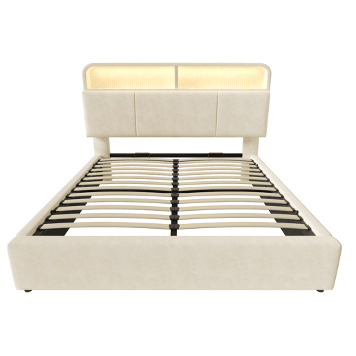Cama estofada 140x200 cm - Cabeceira com arrumação ajustável, LED, USB, hidráulica - Bege