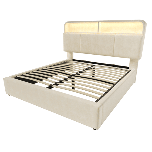 Cama estofada 140x200 cm - Cabeceira com arrumação ajustável, LED, USB, hidráulica - Bege