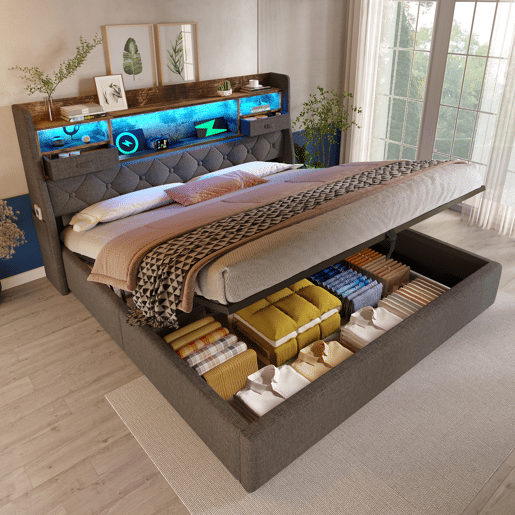 Cama hidráulica 160x200 cm - Com arrumação, cabeceira LED, 4 portas USBType-C, cinzenta