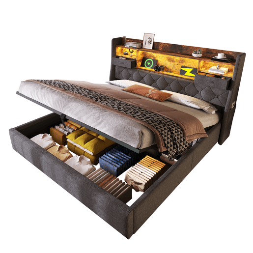 Cama hidráulica 160x200 cm - Com arrumação, cabeceira LED, 4 portas USBType-C, cinzenta
