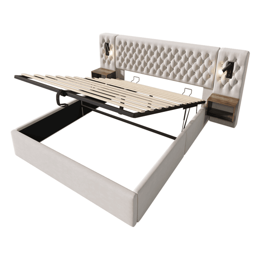 Cama Polsterbett 180x200 - Cama com arrumação hidráulica, luz LED, com 2 mesas de cabeceira - Bege