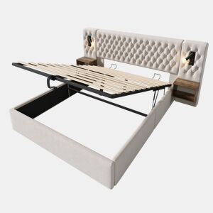 Cama Polsterbett 180x200 - Cama com arrumação hidráulica, luz LED, com 2 mesas de cabeceira - Bege