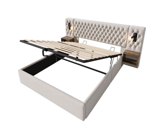 Cama polsterbett 180x200 - cama con almacenamiento hidráulico, luz led, con 2 mesitas - beige