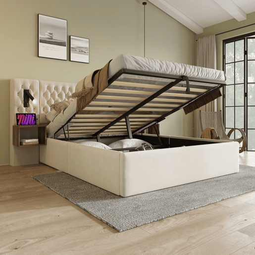 Cama Polsterbett 180x200 - Cama com arrumação hidráulica, luz LED, com 2 mesas de cabeceira - Bege