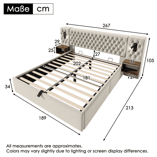 Cama Polsterbett 180x200 - Cama com arrumação hidráulica, luz LED, com 2 mesas de cabeceira - Bege