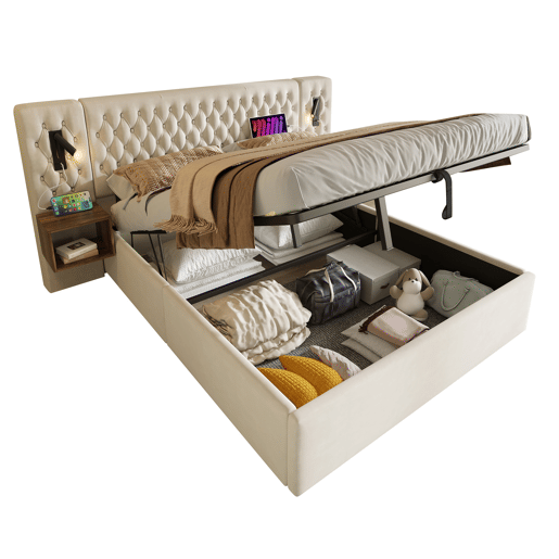 Cama Polsterbett 180x200 - Cama com arrumação hidráulica, luz LED, com 2 mesas de cabeceira - Bege