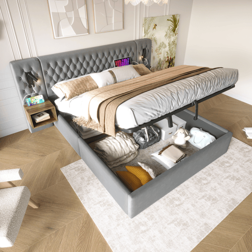 Cama Polsterbett 160x200 - Cama hidráulica com arrumação, 2 mesas de cabeceira, luz LED, cinzenta