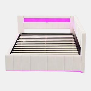 Sofá-cama 140x200 - Com armazenamento hidráulico, luz LED, porta USB, encosto e cabeceira, tecido de veludo bege