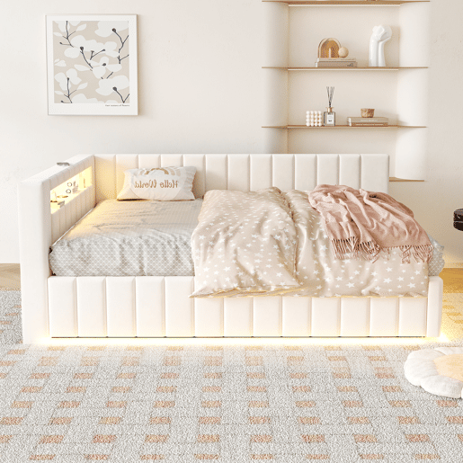 Sofá-cama 140x200 - Com armazenamento hidráulico, luz LED, porta USB, encosto e cabeceira, tecido de veludo bege Sofá-cama 140x200 - Com armazenamento hidráulico, luz LED, porta USB, encosto e cabeceira, tecido de veludo bege