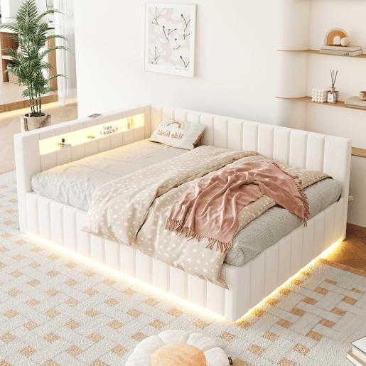 Sofá-cama 140x200 - Com armazenamento hidráulico, luz LED, porta USB, encosto e cabeceira, tecido de veludo bege Sofá-cama 140x200 - Com armazenamento hidráulico, luz LED, porta USB, encosto e cabeceira, tecido de veludo bege