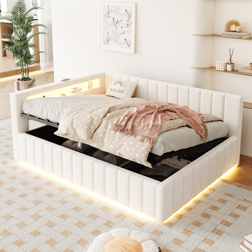 Sofá-cama 140x200 - Com armazenamento hidráulico, luz LED, porta USB, encosto e cabeceira, tecido de veludo bege Sofá-cama 140x200 - Com armazenamento hidráulico, luz LED, porta USB, encosto e cabeceira, tecido de veludo bege